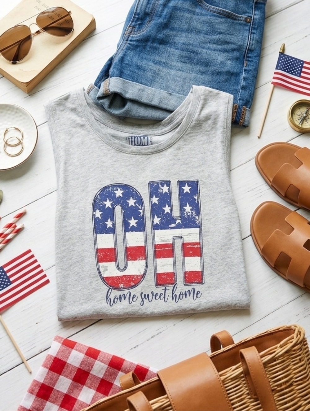 Home Sweet Home Gray Women's Tank Top with Patriotic OH Graphic